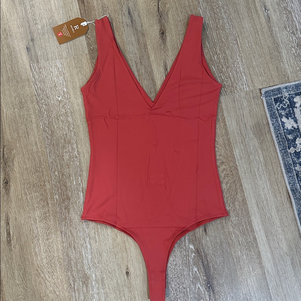 Burnt Red V-Neck Bodysuit thong - double lined deep plunge